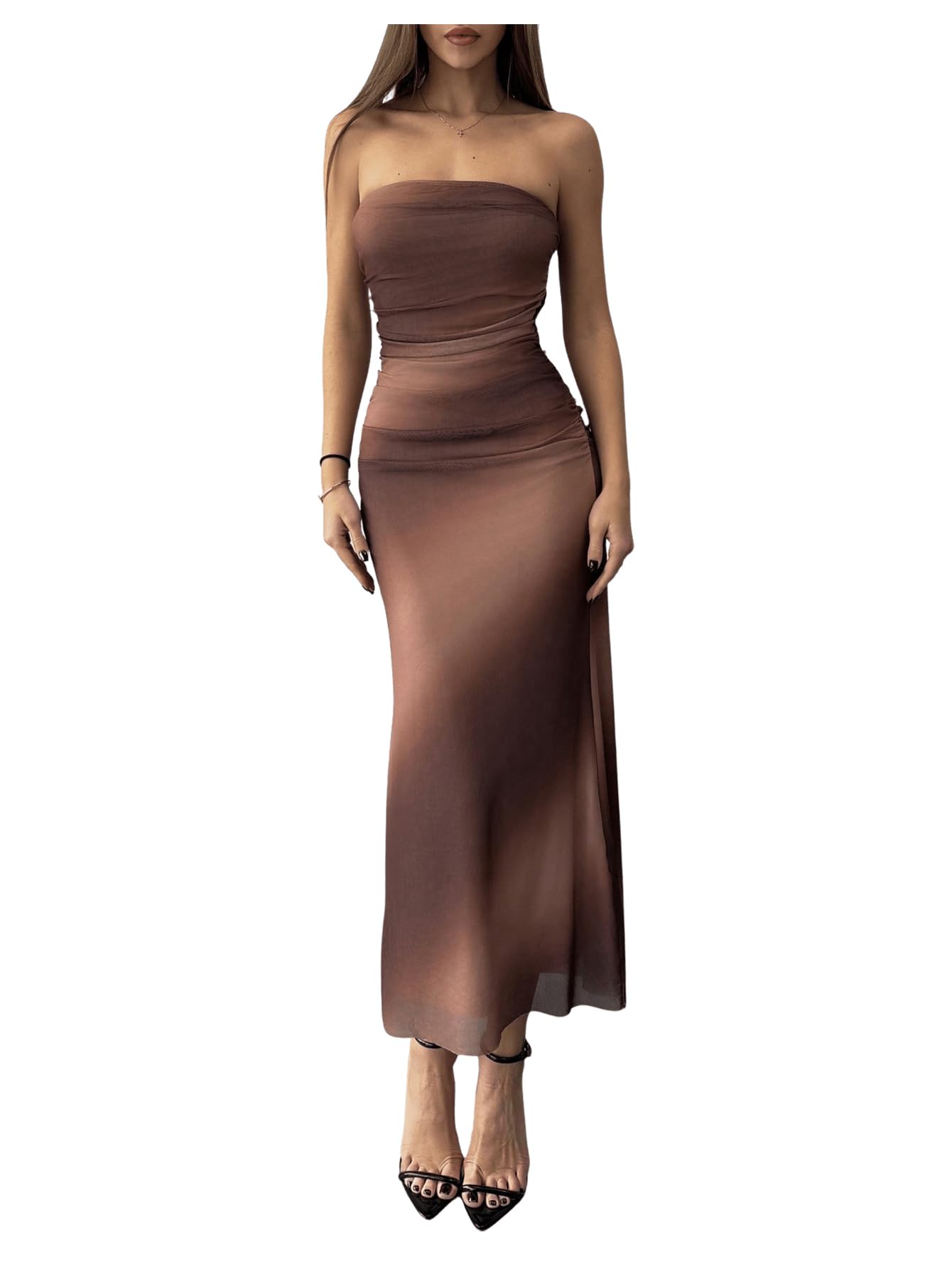 GORGLITTER Women's Sunset Ombre Strapless Cocktail Bridal Shower Midi Dress | Orange Wedding Guest Dress, Mesh Tube Dresses, Bridesmaid Sundresses, Vacation Beach Outfits