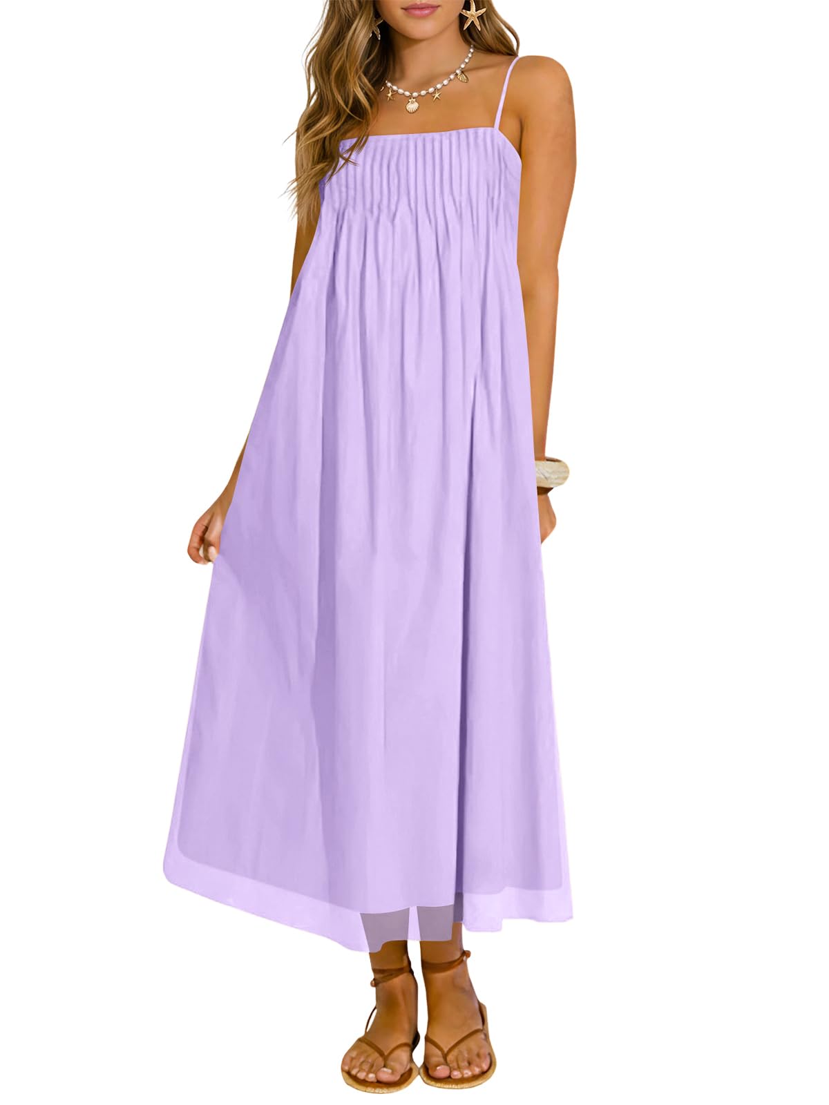 Wenrine Women's Summer Boho Maxi Dresses Spaghetti Straps Chiffon Sundress | Beach Vacation, Flowy, Linen, Casual, Loose, Pleated, Sleeveless, Midi Long Dress with Pockets