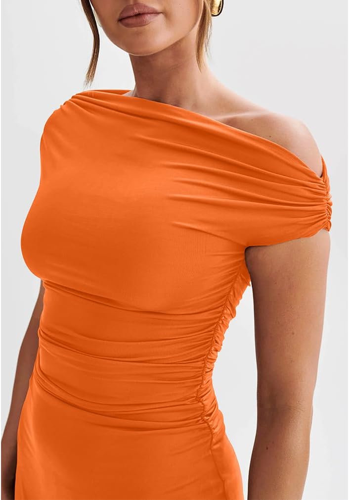 LAGSHIAN Womens Off Shoulder Sleeveless Ruched Flare Mini Dress | Sexy,Summer,Slim Fit,Stretch,Trendy,Double Layer,A-line,Cocktail Party,Club,Night Out,Date,Asymmetrical Shoulder
