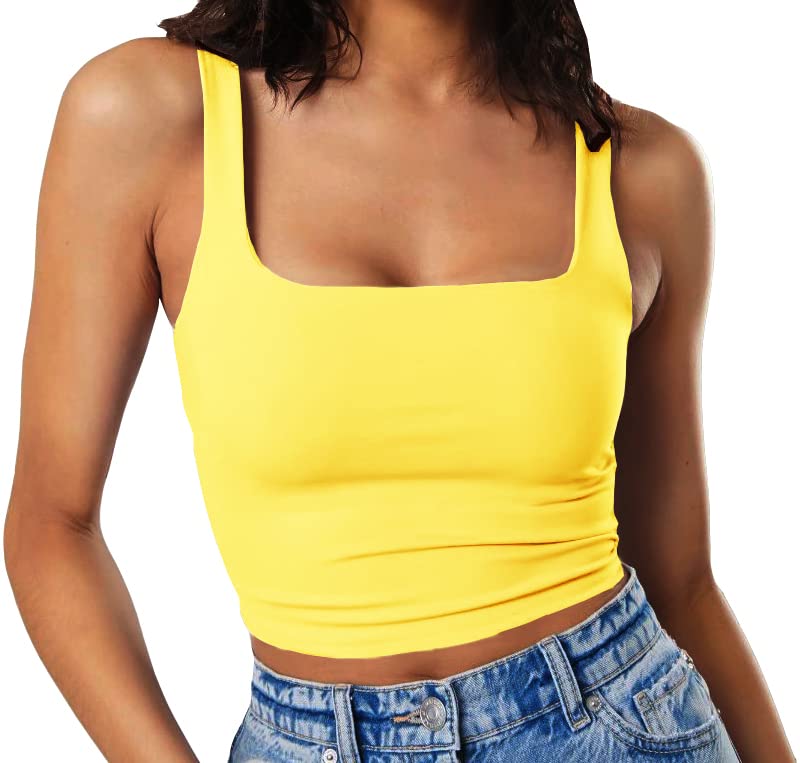 Artfish Women's Sleeveless Strappy Tank Square Neck Double Layer Workout Fitness Casual Basic Crop Tops