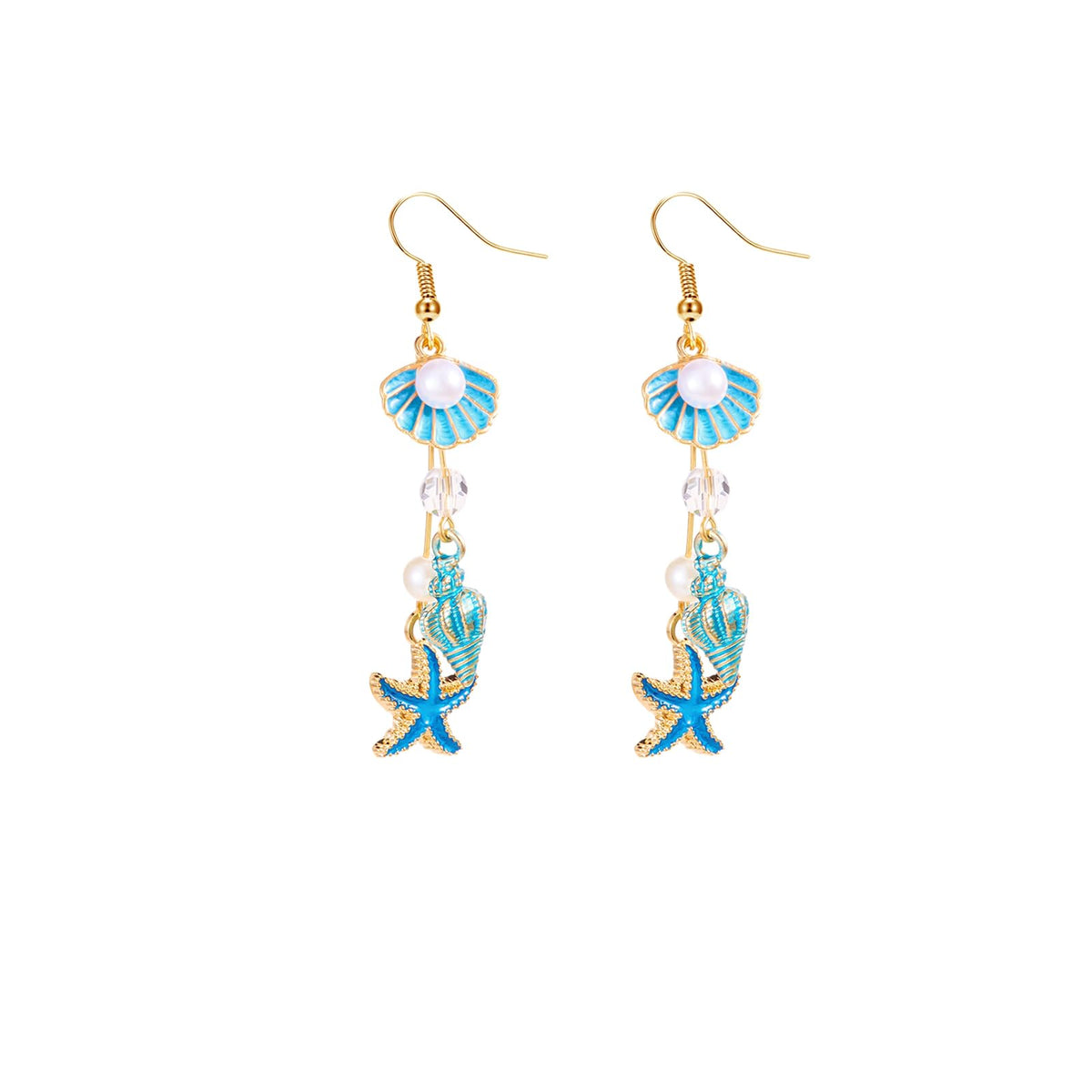 Beach Gold Seashell Shell Starfish Drop Dangly Earrings for Women Stylish | Boho Sea Shell Conch Pearl Enamel Star Dangling Beachy Earring, Beach Jewelry Vacation Holiday Accessories for Women Trendy
