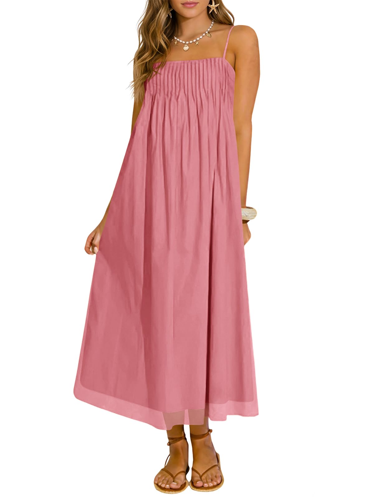 Wenrine Women's Summer Boho Maxi Dresses Spaghetti Straps Chiffon Sundress | Beach Vacation, Flowy, Linen, Casual, Loose, Pleated, Sleeveless, Midi Long Dress with Pockets