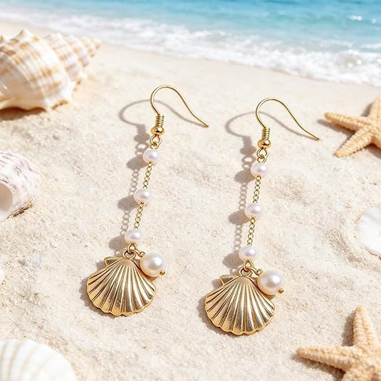 Golden Shell Pearl Earrings, Exquisite Long Chain Beaded Pearl Tassel, Retro Beach Ocean Theme Shell Ornament, Summer Seaside Jewelry Women's Wedding Party Vacation Gifts