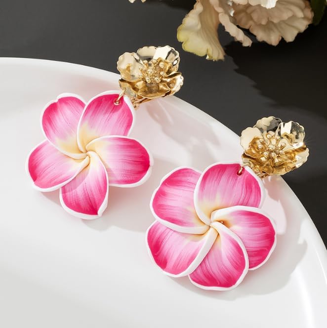 Pink Flower Earrings for Women,Gold Plated Floral Drop Dangle Earrings Statement Beach Party Vacation Hawaiian Style Jewelry Gift