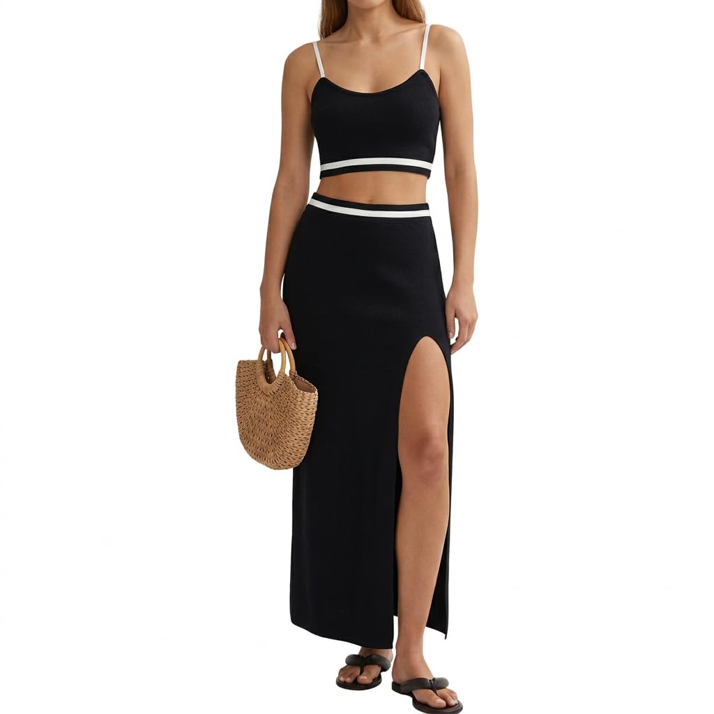Skirt Sets Women 2 Piece Outfits Dressy Summer Knit Cami Top High Slit Skirt Set for Vacation Brunch and Going Out