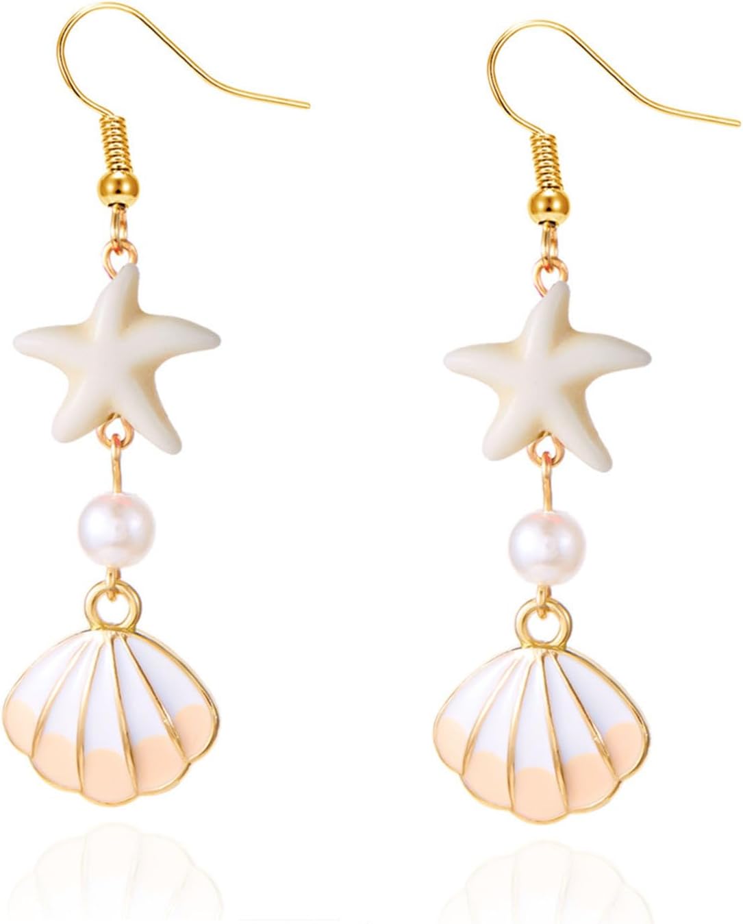 Gold Starfish Shell Dangle Drop Earrings, Beach Jewelry for Women, Summer Boho Beachy Vacation Accessories
