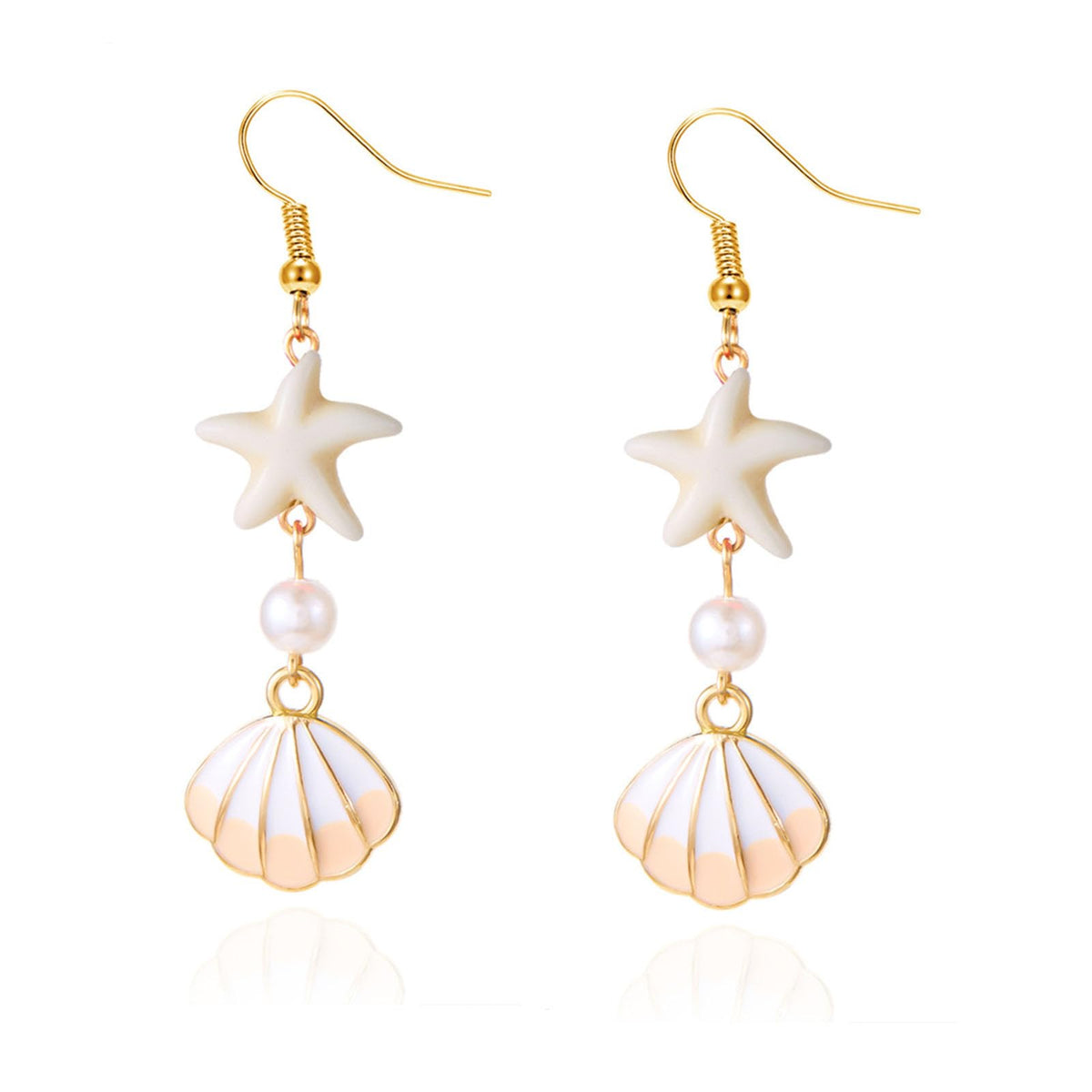 Gold Starfish Shell Dangle Drop Earrings, Beach Jewelry for Women, Summer Boho Beachy Vacation Accessories