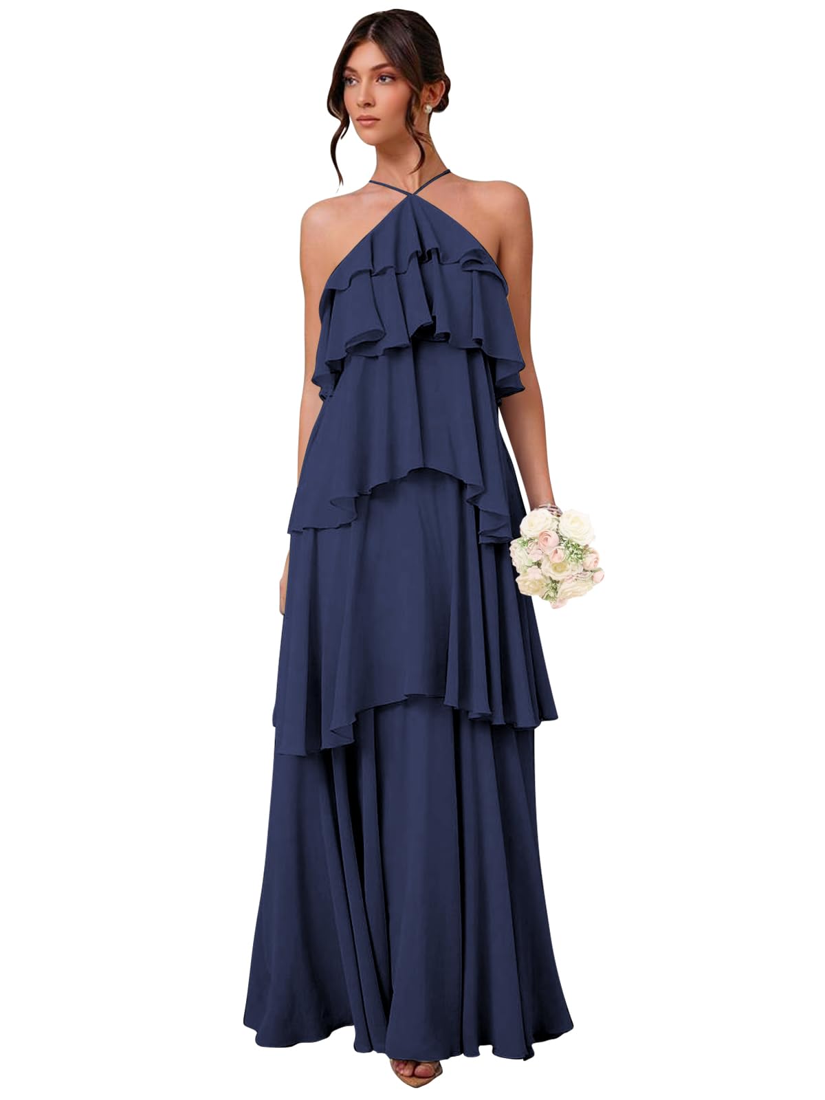 Chiffon Halter Bridesmaid Dresses for Women A Line Tiered Ruffle Long Formal Evening Gown