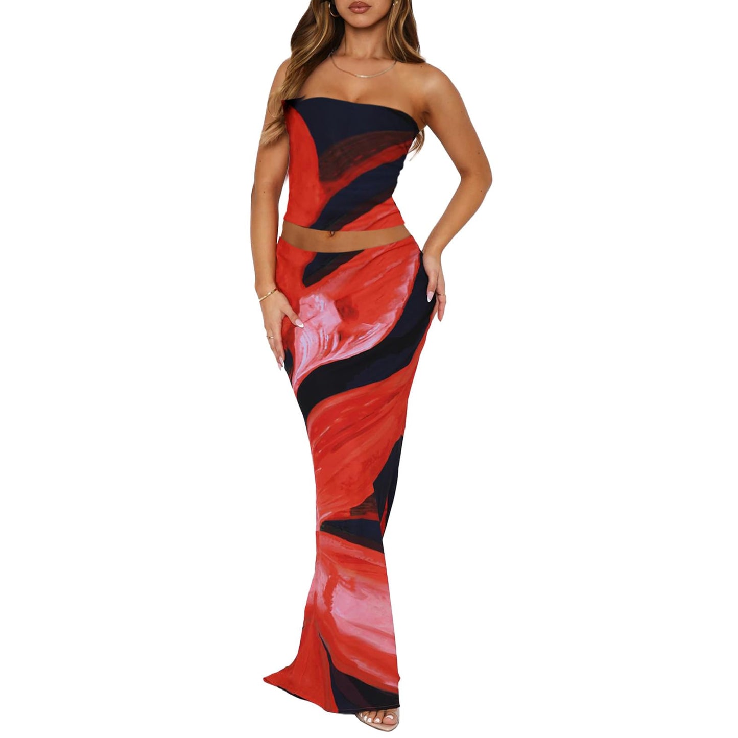 Goafuliy 2 Piece Skirt Sets for Women Summer, Floral Sleeveless Tube Top Bodycon Maxi Skirts Y2k Vacation Going Out Outfits