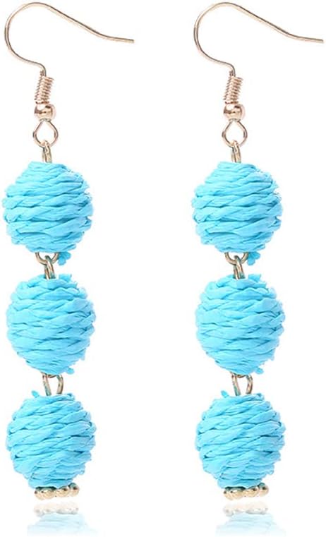 Lightweight Boho Thread Raffia Earrings for Women Handmade Braided Straw Wicker Lantern Ball Earrings Summer Beach Bohemian Geometric Earrings Holiday