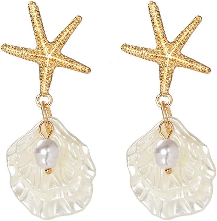 Starfish Shell Pearl Pendant Earrings for Women, Bohemian Beach Style