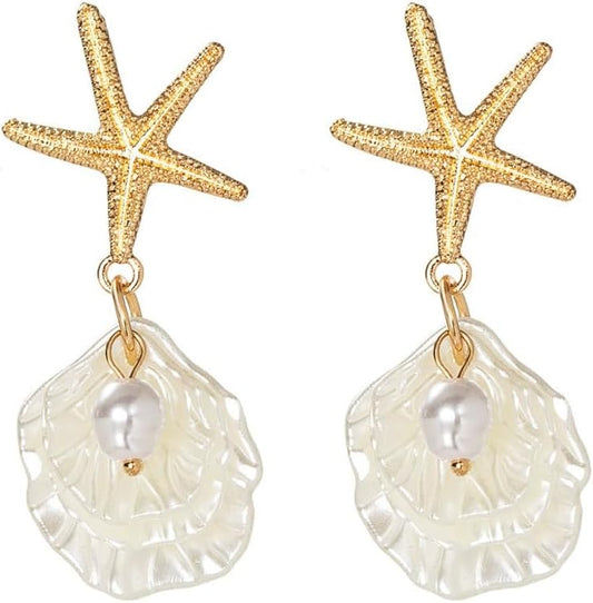 Starfish Shell Pearl Pendant Earrings for Women, Bohemian Beach Style