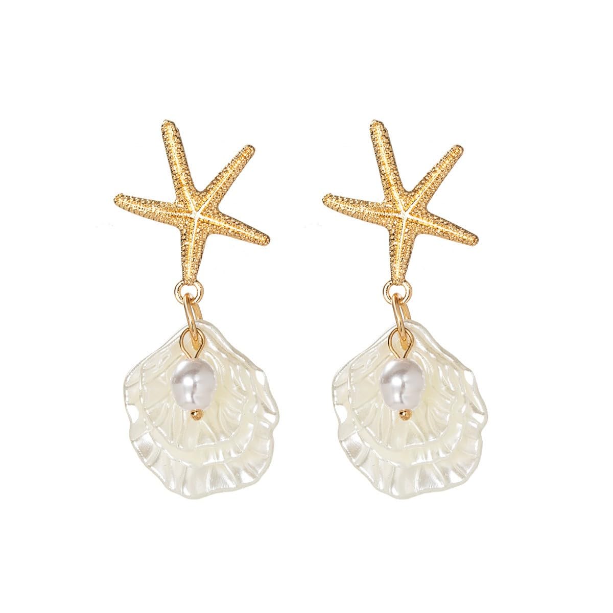 Starfish Shell Pearl Pendant Earrings for Women, Bohemian Beach Style