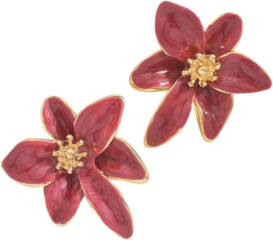Burgundy Enamel Flower Stud Earrings for Women, Elegant Vintage Floral Earrings with Gold Details, Statement Jewelry for Daily Wear and Gift