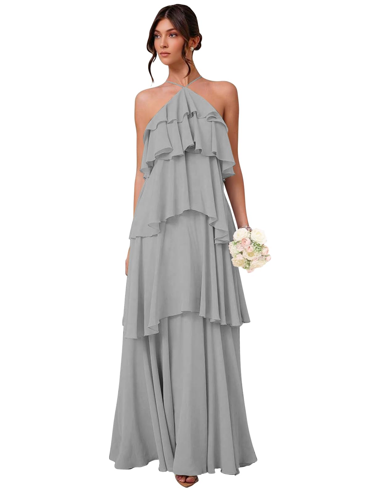 Chiffon Halter Bridesmaid Dresses for Women A Line Tiered Ruffle Long Formal Evening Gown