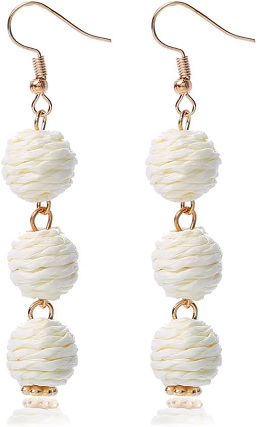 Lightweight Boho Thread Raffia Earrings for Women Handmade Braided Straw Wicker Lantern Ball Earrings Summer Beach Bohemian Geometric Earrings Holiday