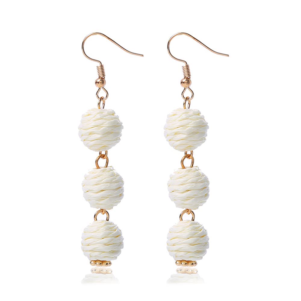 Lightweight Boho Thread Raffia Earrings for Women Handmade Braided Straw Wicker Lantern Ball Earrings Summer Beach Bohemian Geometric Earrings Holiday