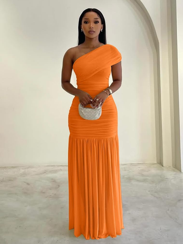 LAGSHIAN Womens Formal One Shoulder Sleeveless Evening Long Dress | Elegant Bodycon Mesh Ruched Cocktail Party Maxi Dress, Classy Slim Fit Wedding Dresses,Stretch,Flowing Sheer Hem