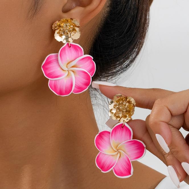 Pink Flower Earrings for Women,Gold Plated Floral Drop Dangle Earrings Statement Beach Party Vacation Hawaiian Style Jewelry Gift