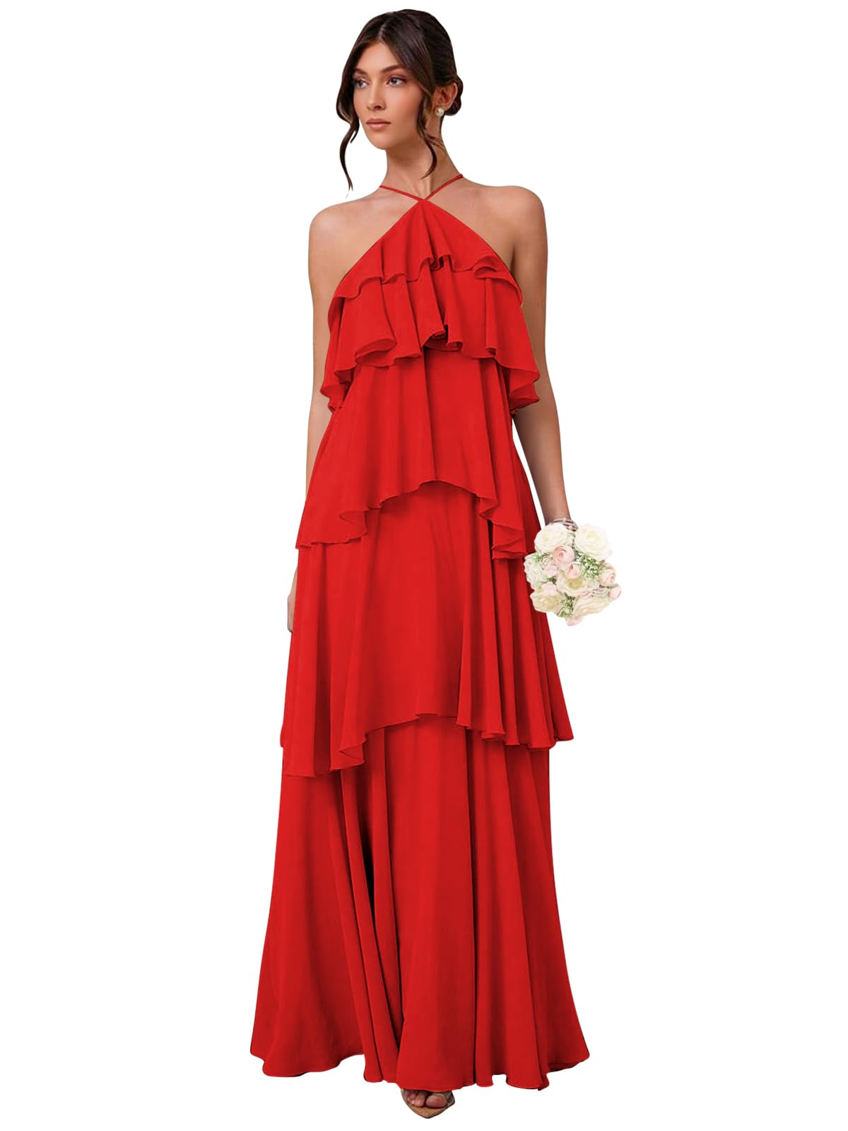 Chiffon Halter Bridesmaid Dresses for Women A Line Tiered Ruffle Long Formal Evening Gown