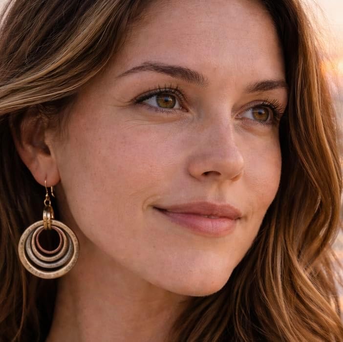 Handmade Sunrise Earrings – Cape Cod USA Award-Winning Artist Judith Stiles – Lightweight Mixed Metal Dangle Earrings – Hammered Brass, Copper & Silver Tone Circles – Coastal Beach Jewelry, Bohemian Style with a Yoga Heart – A Great Gift for Women