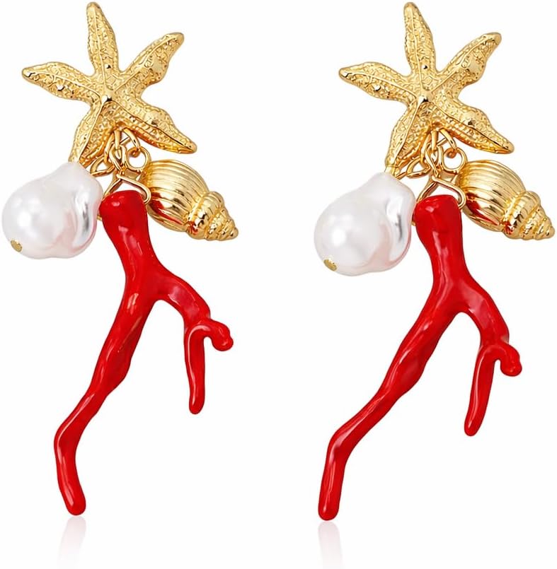 Starfish Coral Pearl Earrings for Women, Gold Beach Dangle Earrings with Shell Star Design, Summer Boho Statement Jewelry, Ocean Vacation Accessories Gift