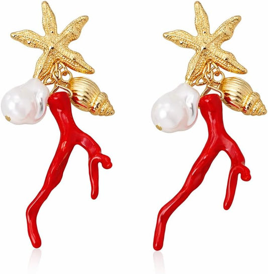 Starfish Coral Pearl Earrings for Women, Gold Beach Dangle Earrings with Shell Star Design, Summer Boho Statement Jewelry, Ocean Vacation Accessories Gift