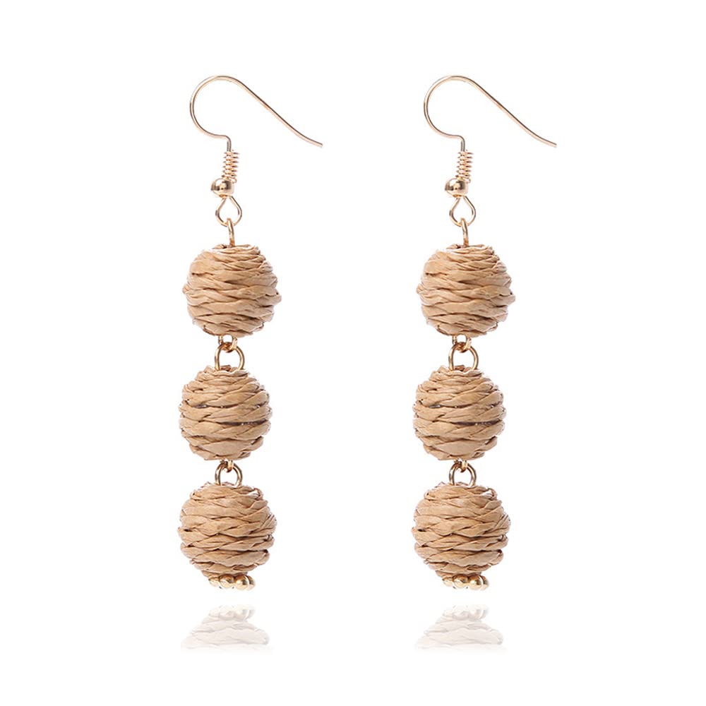 Lightweight Boho Thread Raffia Earrings for Women Handmade Braided Straw Wicker Lantern Ball Earrings Summer Beach Bohemian Geometric Earrings Holiday