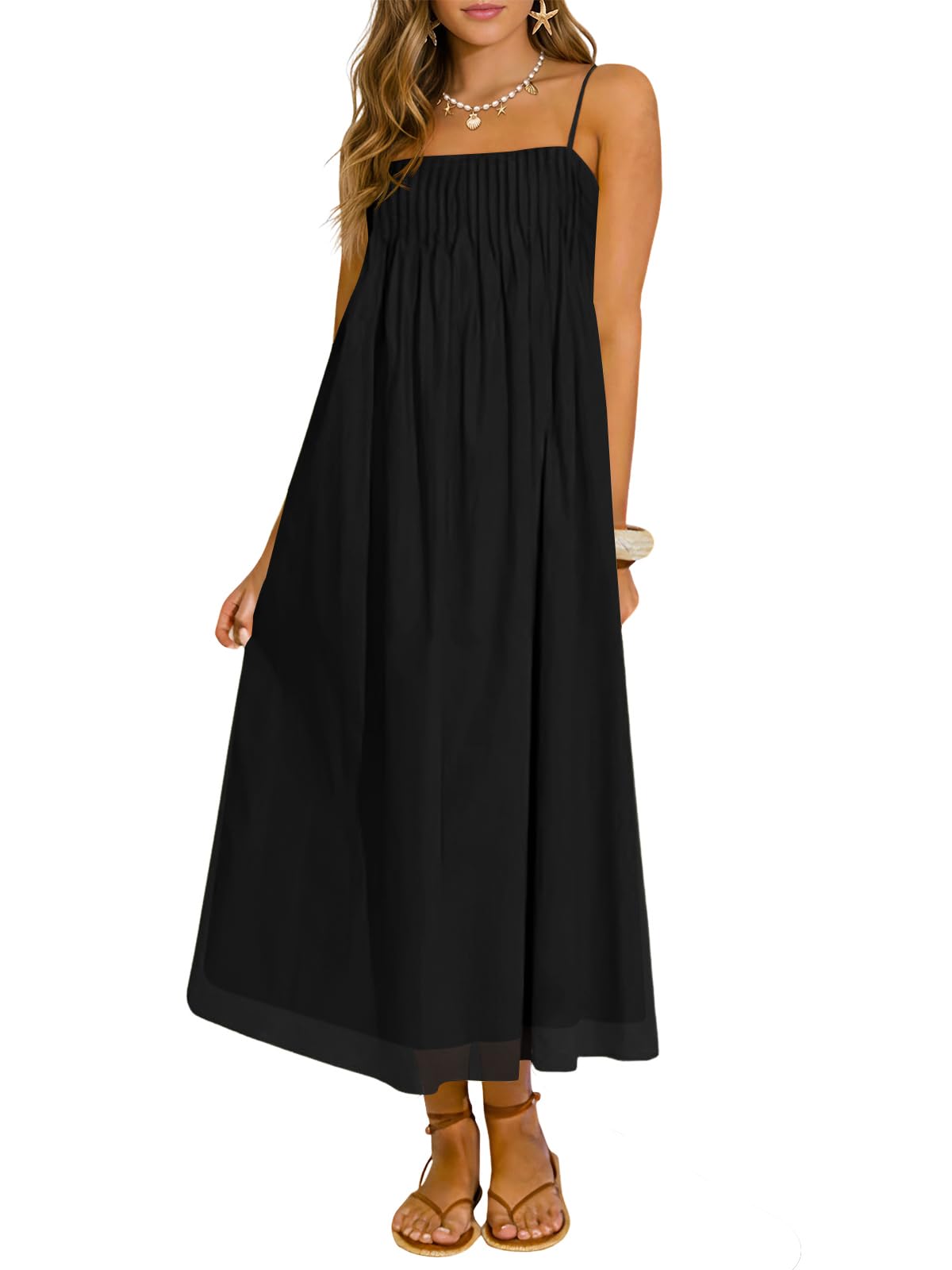Wenrine Women's Summer Boho Maxi Dresses Spaghetti Straps Chiffon Sundress | Beach Vacation, Flowy, Linen, Casual, Loose, Pleated, Sleeveless, Midi Long Dress with Pockets