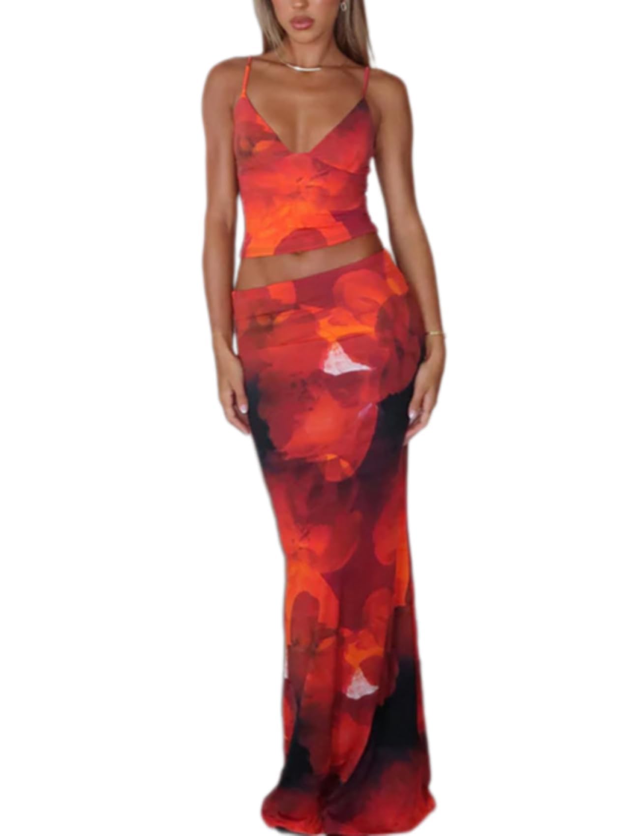 ksotutm Maxi Skirt Set Floral Print Halter Top Maxi Skirt Sexy Going Out Outfits for Women