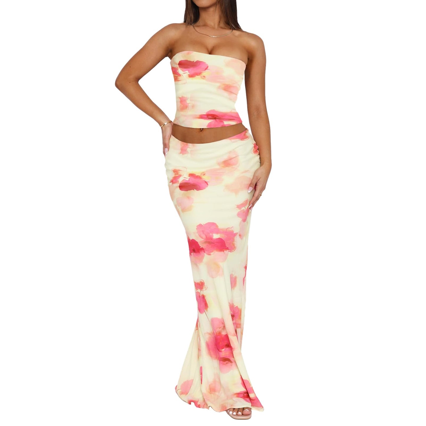 Goafuliy 2 Piece Skirt Sets for Women Summer, Floral Sleeveless Tube Top Bodycon Maxi Skirts Y2k Vacation Going Out Outfits