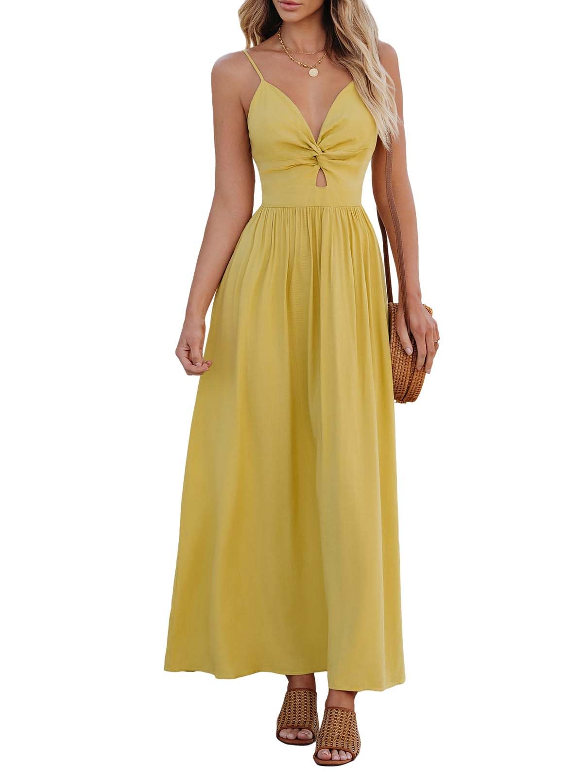 CUPSHE Women's V Neck Twisted Pleated Cutout Backless Formal Maxi Dress | Sleeveless, Self Tie Back, Adjustable Spaghetti Straps, Open Back, Casual Flowy Long Skirt, Summer Beach Resort Sundress
