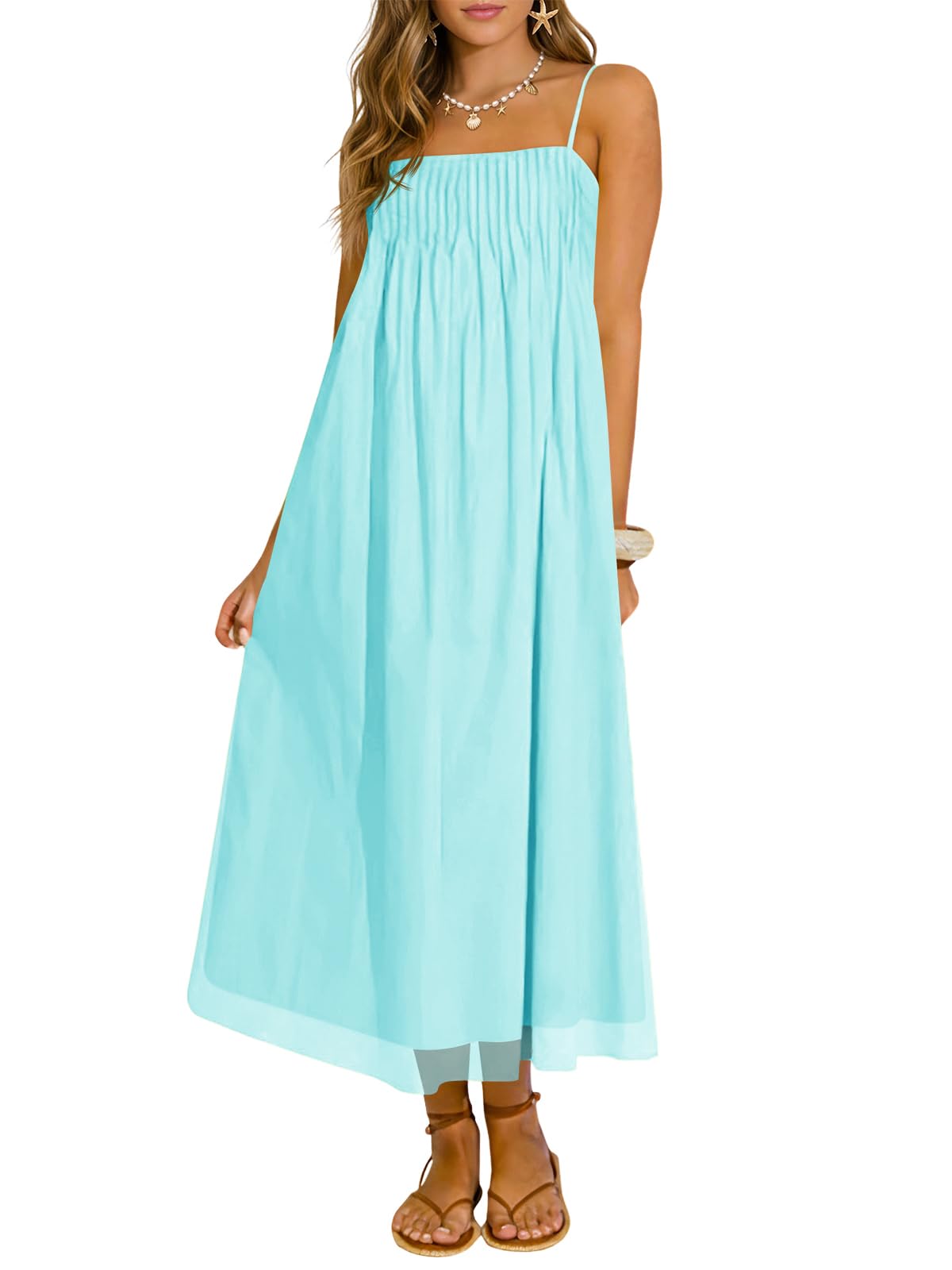 Wenrine Women's Summer Boho Maxi Dresses Spaghetti Straps Chiffon Sundress | Beach Vacation, Flowy, Linen, Casual, Loose, Pleated, Sleeveless, Midi Long Dress with Pockets