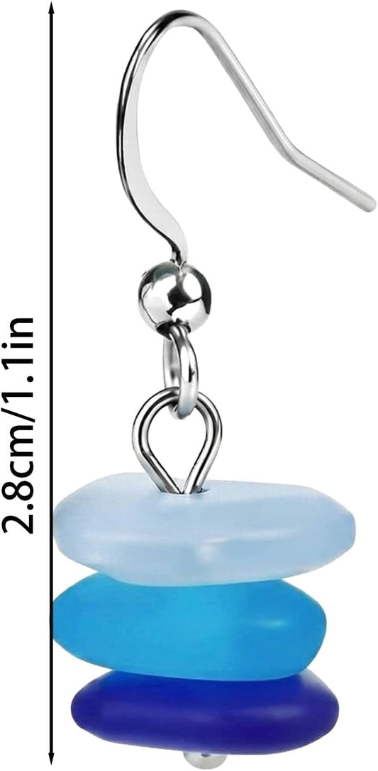 1 Pair Sea Glass Drop Dangle Earrings, Blue White Three Layer Gradient Handmade Sea Glass Jewelry for Women Beach Coastal Vacation