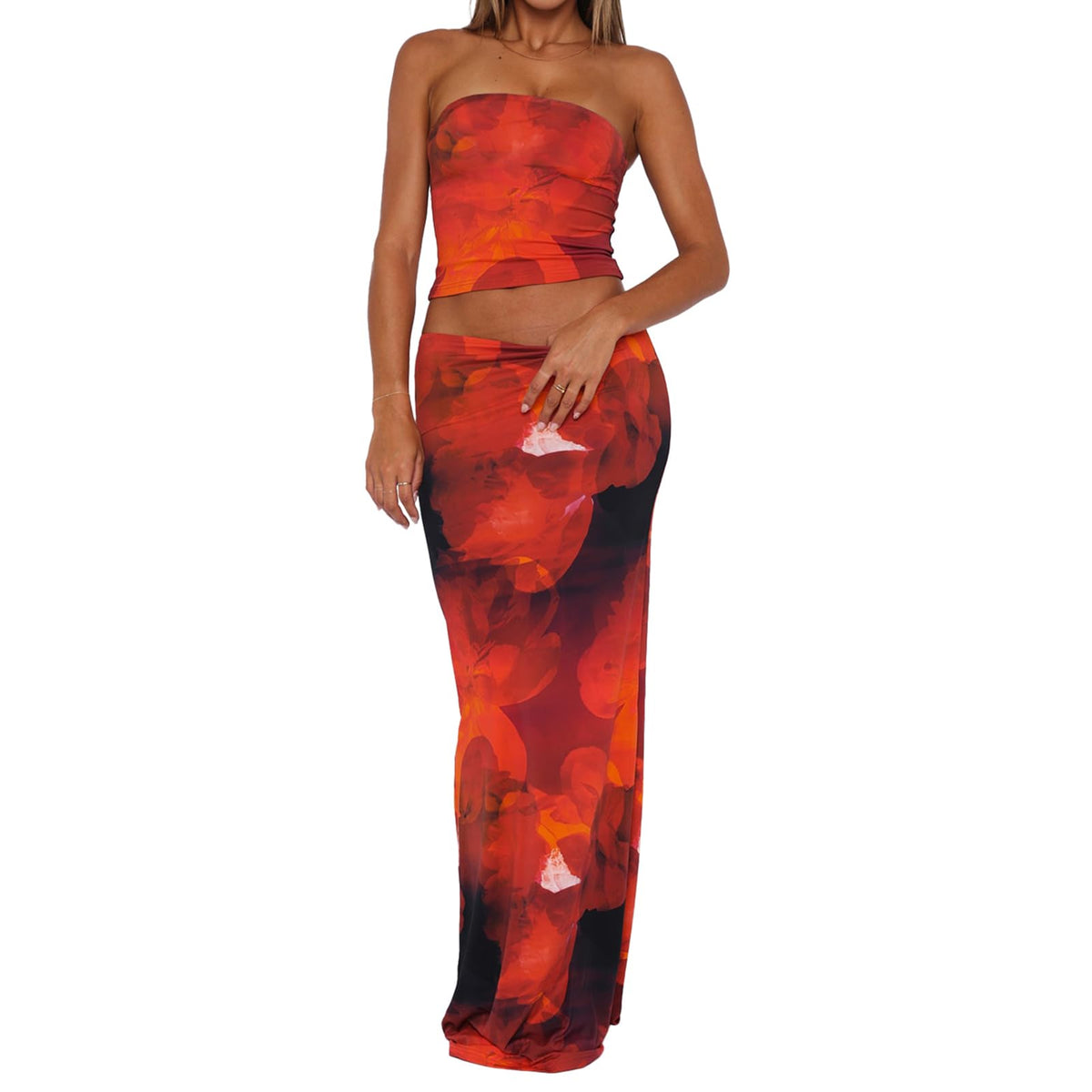 Goafuliy 2 Piece Skirt Sets for Women Summer, Floral Sleeveless Tube Top Bodycon Maxi Skirts Y2k Vacation Going Out Outfits