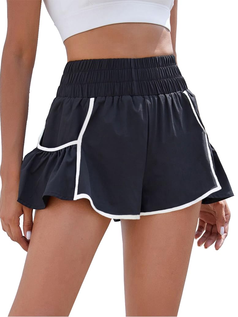 BMJL Womens Athletic Running Shorts 2.5" Flowy High Waisted Ruffle Shorts | workout,gym,two side pockets,elastic high waisted,quick dry fabric,built in liner,solid,gingham,leopard,striped shorts