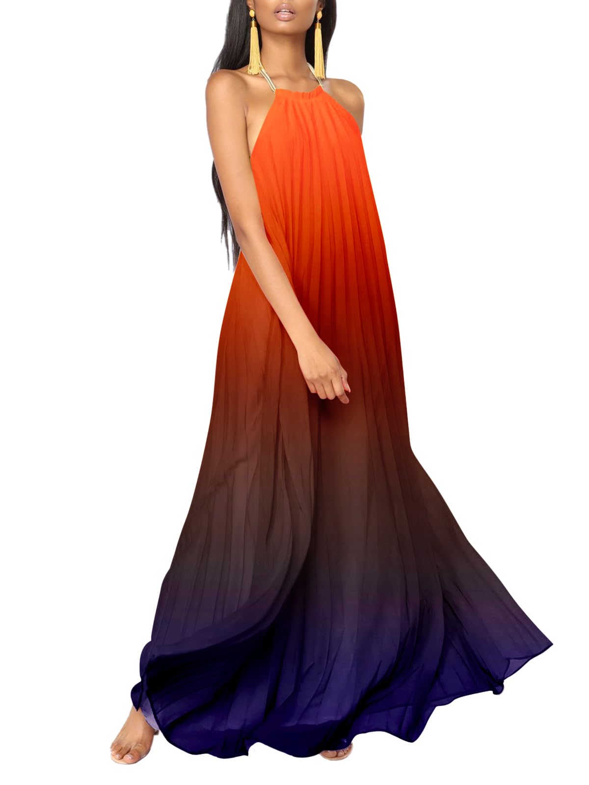 Paintcolors Women's Halter Sleeveless Long Maxi Dress Backless Casual Loose Ombre Summer Beach Chiffon Flowy Sundress