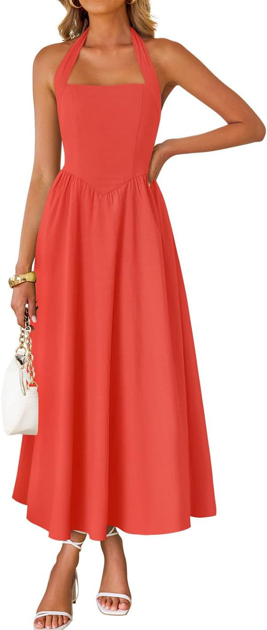 ZESICA Women's Summer Sleeveless Halter Wedding Guest Maxi Dress | Off Shoulder, High Waist, Flowy A Line, Formal, Cocktail Party, Vacation Graduation, Bridal Shower, Beach, Long Sundresses