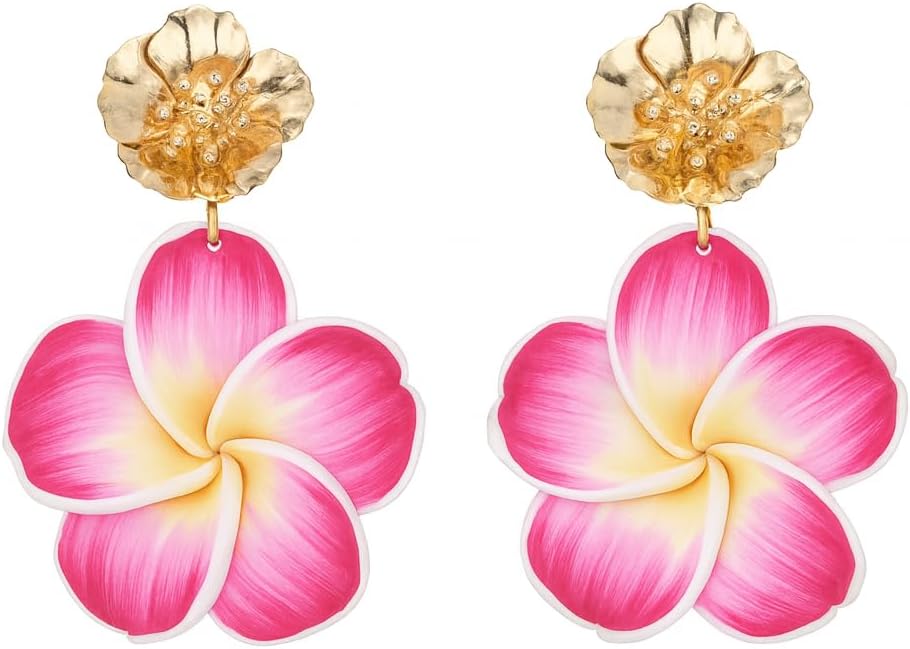 Pink Flower Earrings for Women,Gold Plated Floral Drop Dangle Earrings Statement Beach Party Vacation Hawaiian Style Jewelry Gift