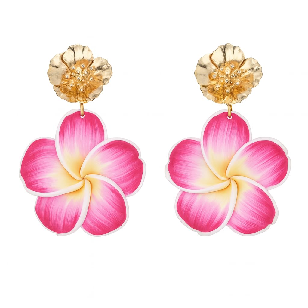 Pink Flower Earrings for Women,Gold Plated Floral Drop Dangle Earrings Statement Beach Party Vacation Hawaiian Style Jewelry Gift