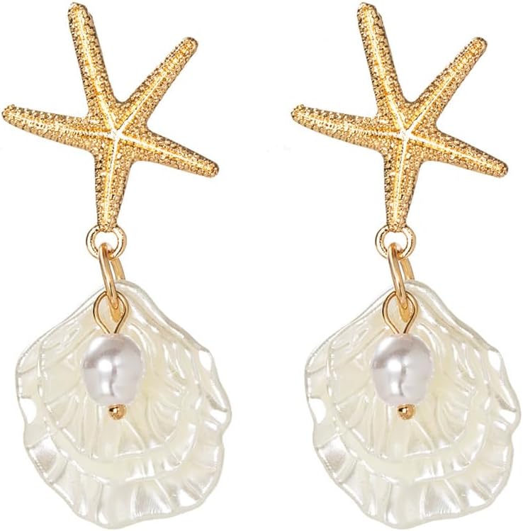 Gold Starfish Shell Earrings for Women 14K Gold Plated Pearl Shell Dangle Earrings Summer Accessories Vacation Outfits Beach Jewelry for Women