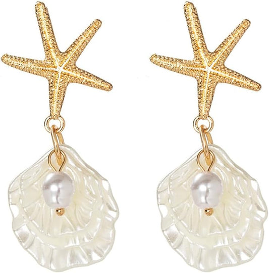 Gold Starfish Shell Earrings for Women 14K Gold Plated Pearl Shell Dangle Earrings Summer Accessories Vacation Outfits Beach Jewelry for Women
