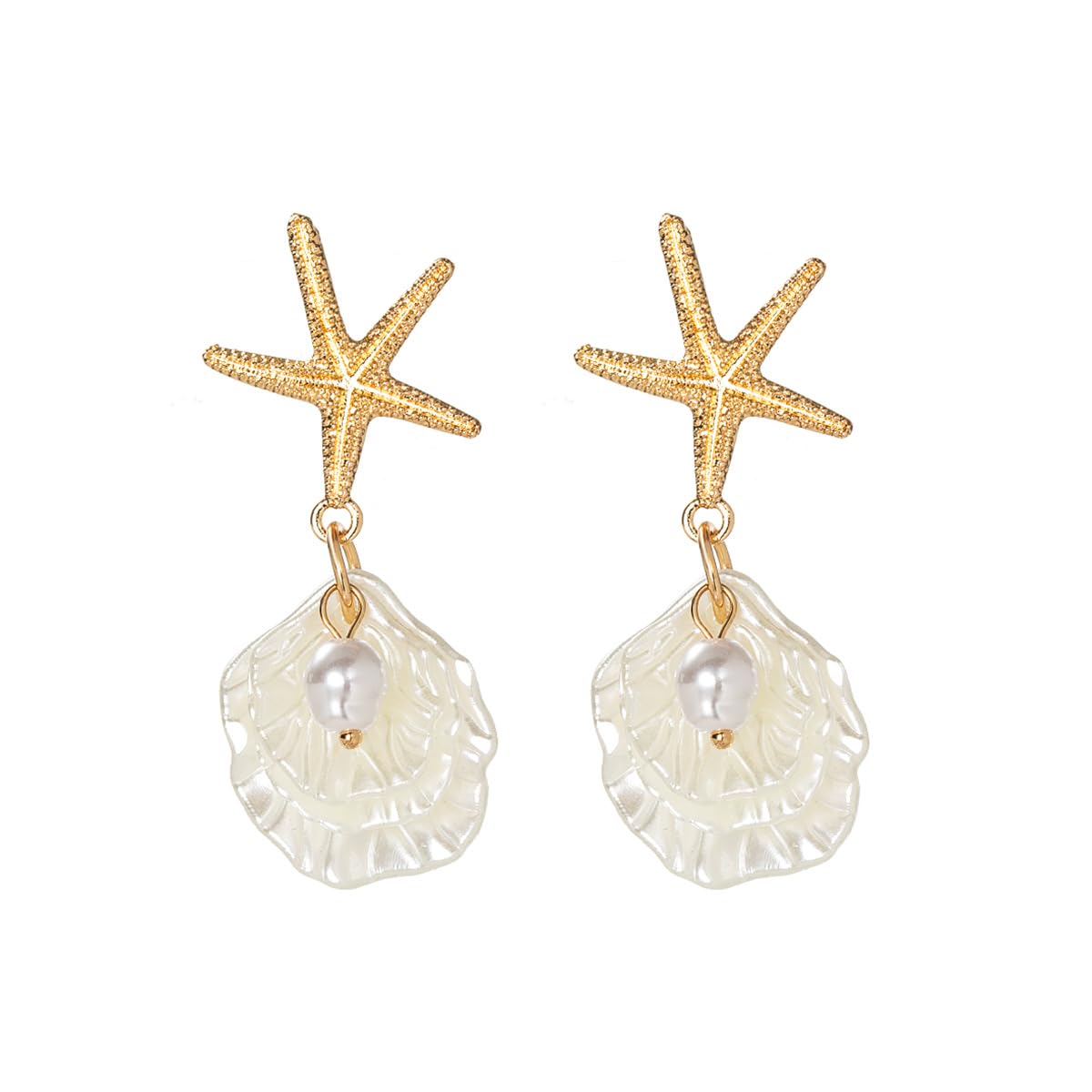 Gold Starfish Shell Earrings for Women 14K Gold Plated Pearl Shell Dangle Earrings Summer Accessories Vacation Outfits Beach Jewelry for Women