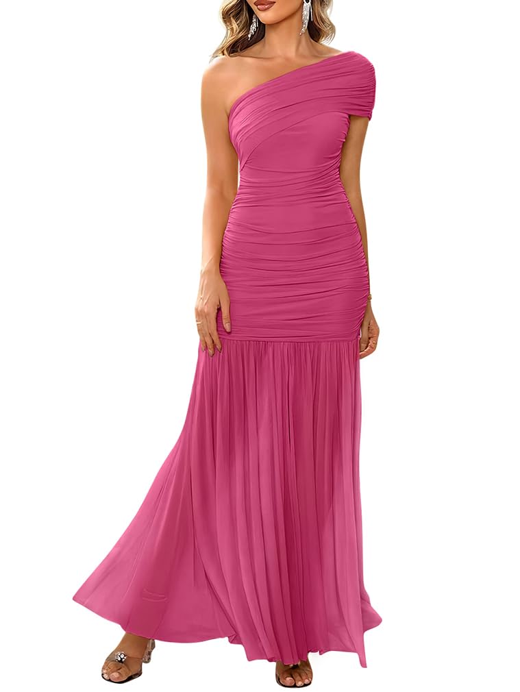 LAGSHIAN Womens Formal One Shoulder Sleeveless Evening Long Dress | Elegant Bodycon Mesh Ruched Cocktail Party Maxi Dress, Classy Slim Fit Wedding Dresses,Stretch,Flowing Sheer Hem