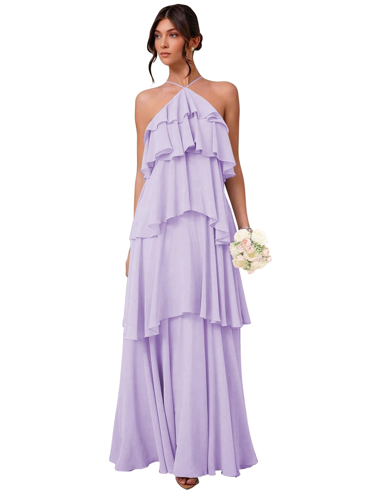 Chiffon Halter Bridesmaid Dresses for Women A Line Tiered Ruffle Long Formal Evening Gown