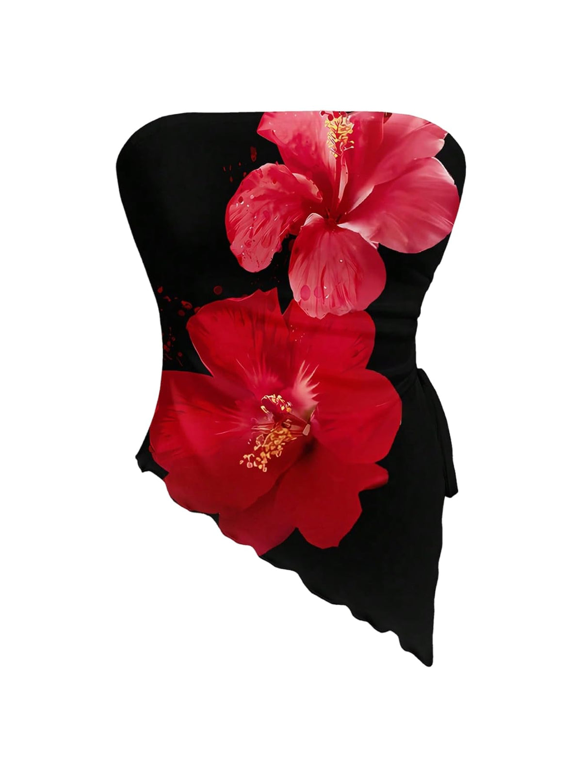 WDIRARA Women's Floral Strapless Side Ruched Asymmetrical Hem Tube Top | Y2k Floral, Strapless, Asymmetrical Hem, Side Ruched, Bandeau Crop Top