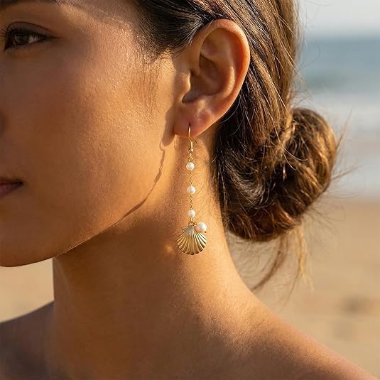 Golden Shell Pearl Earrings, Exquisite Long Chain Beaded Pearl Tassel, Retro Beach Ocean Theme Shell Ornament, Summer Seaside Jewelry Women's Wedding Party Vacation Gifts