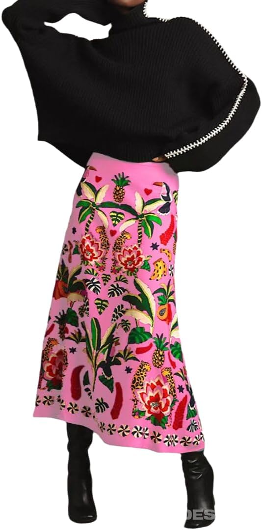 THLAI Womens Skirt Midi Skirt Tropical Plant Print Pink Zipper A-Line Long Skirts Spring Summer Skirt Floral