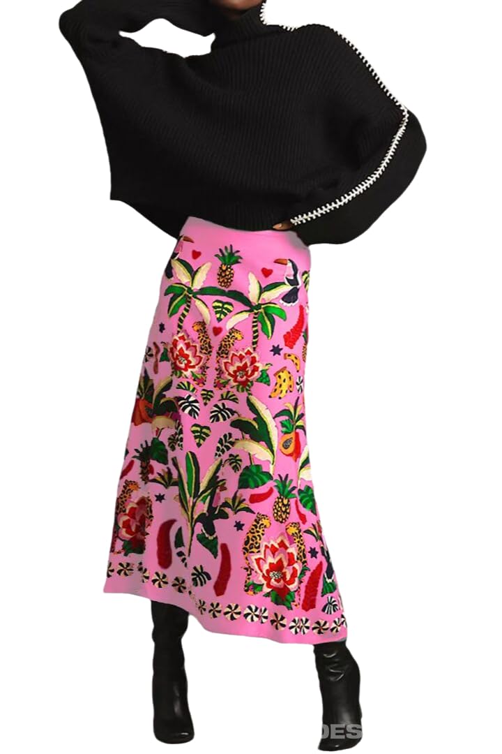 THLAI Womens Skirt Midi Skirt Tropical Plant Print Pink Zipper A-Line Long Skirts Spring Summer Skirt Floral
