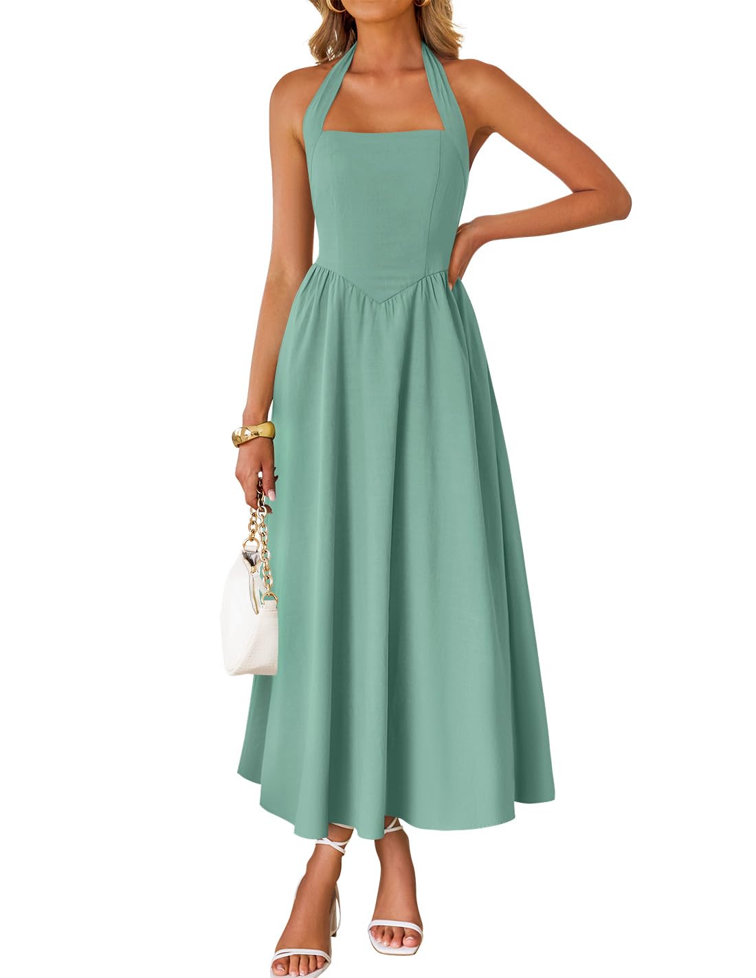 ZESICA Women's Summer Sleeveless Halter Wedding Guest Maxi Dress | Off Shoulder, High Waist, Flowy A Line, Formal, Cocktail Party, Vacation Graduation, Bridal Shower, Beach, Long Sundresses